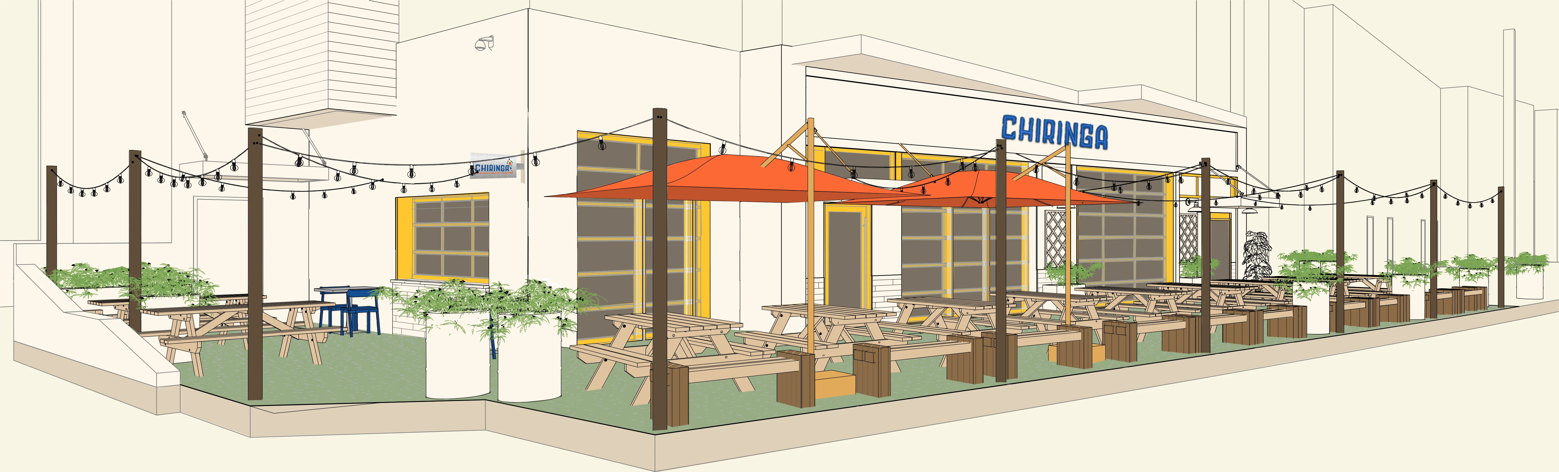 Outdoor dining area with picnic tables and string lights