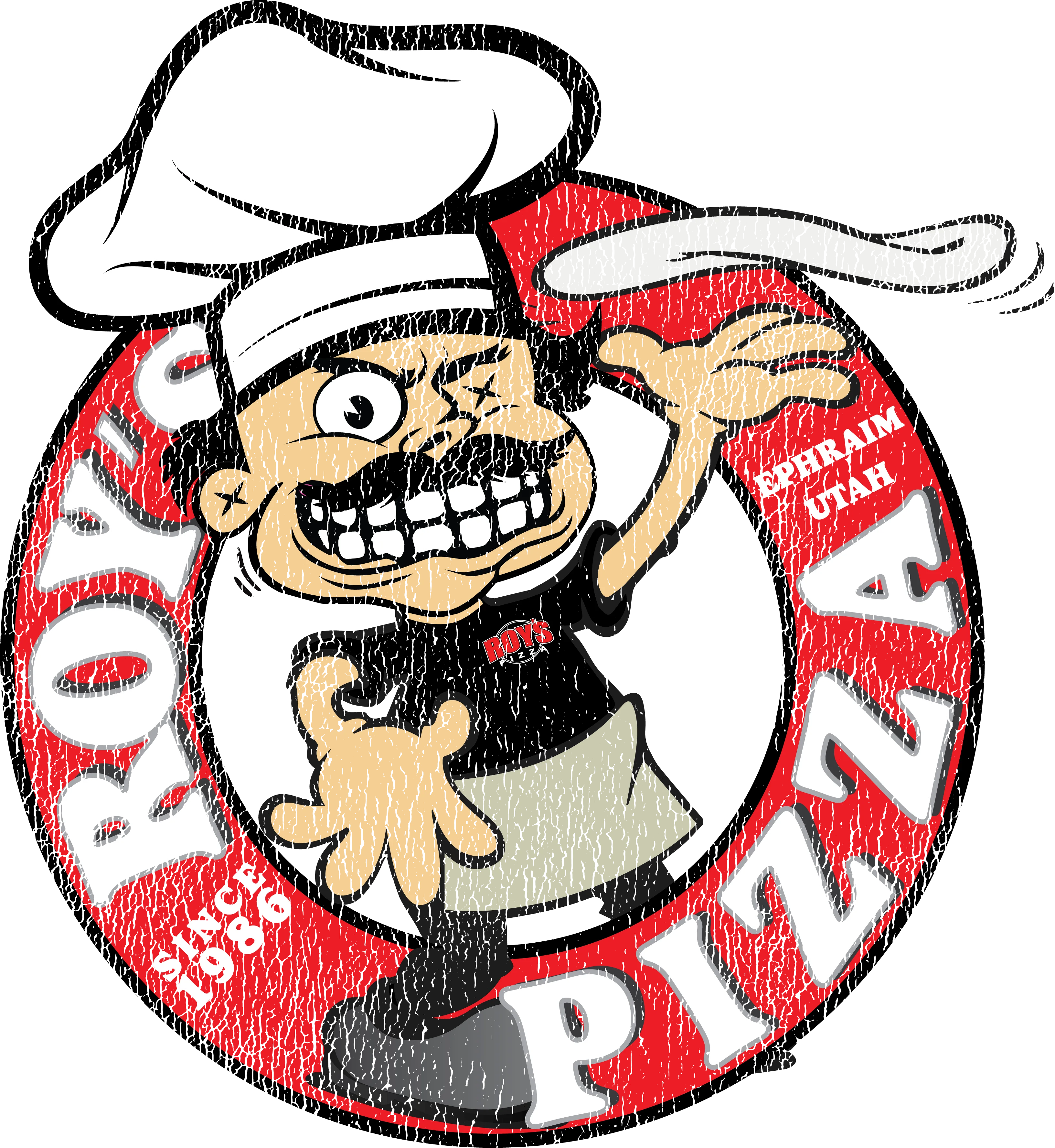 Cartoon chef mascot for Roy's Pizza in Ephraim, Utah