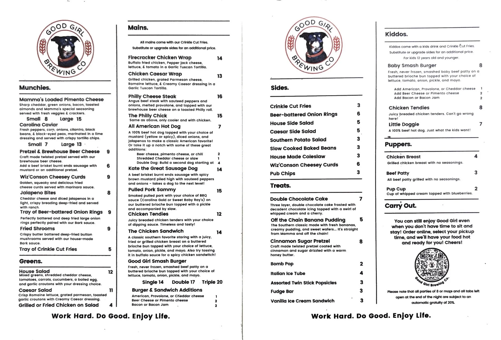 Menu from Good Girl Brewing featuring diverse American dishes