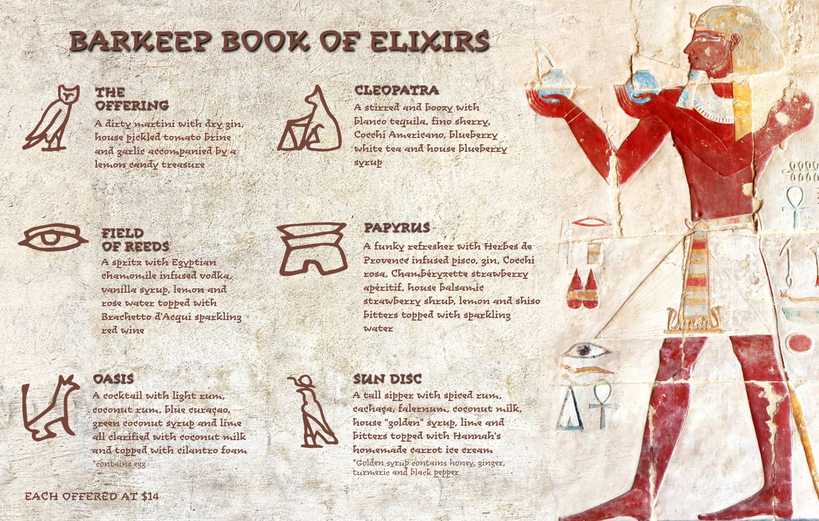 Artistic cocktail menu inspired by ancient Egypt