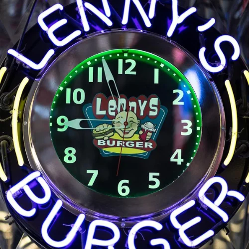 Lenny's Burger neon clock sign in vibrant colors