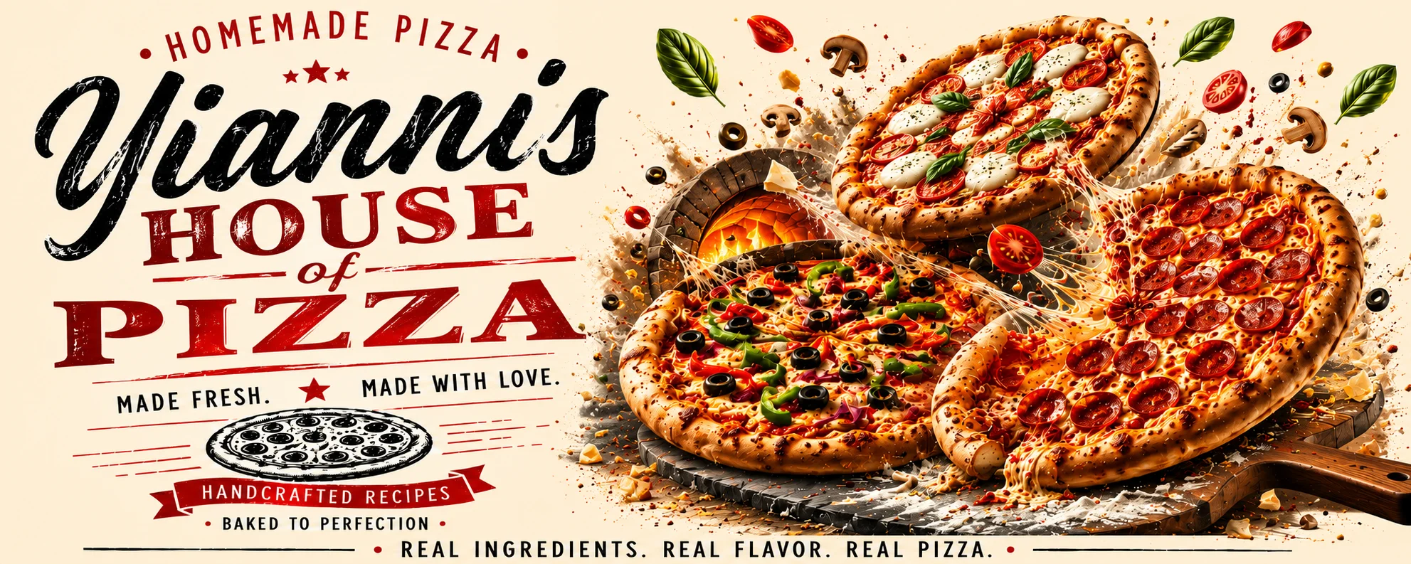 Yianni's homemade pizza truck with fresh pizzas displayed.