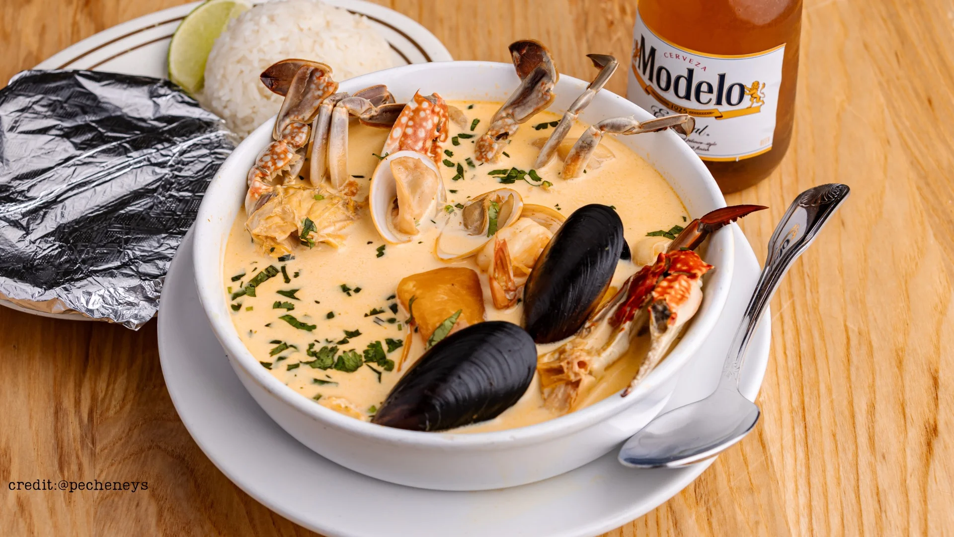 Peruvian seafood chowder with crab and mussels