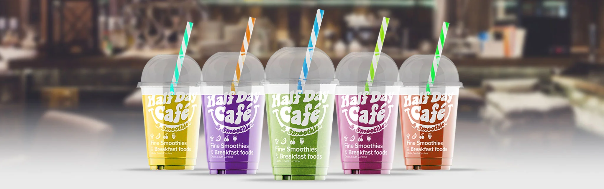 Colorful smoothie cups from Half Day Café