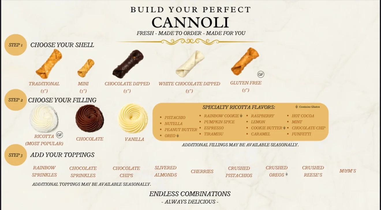 Customizable Italian cannoli with various fillings and toppings