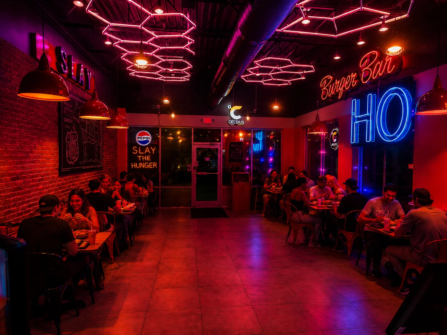Vibrant restaurant interior with neon lights and cozy seating