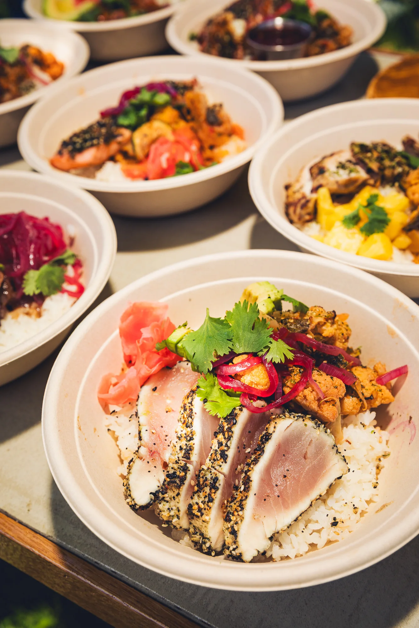 Hawaiian poke bowl with seared tuna and fresh toppings
