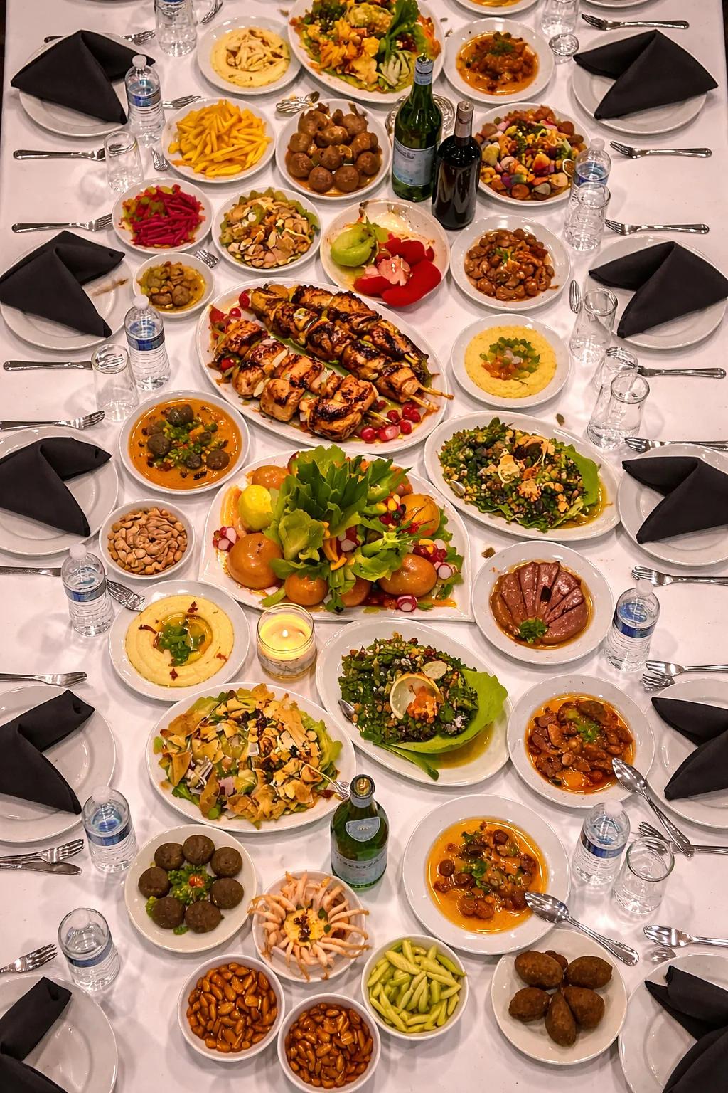 Lavish Middle Eastern mezze spread with grilled meats and salads