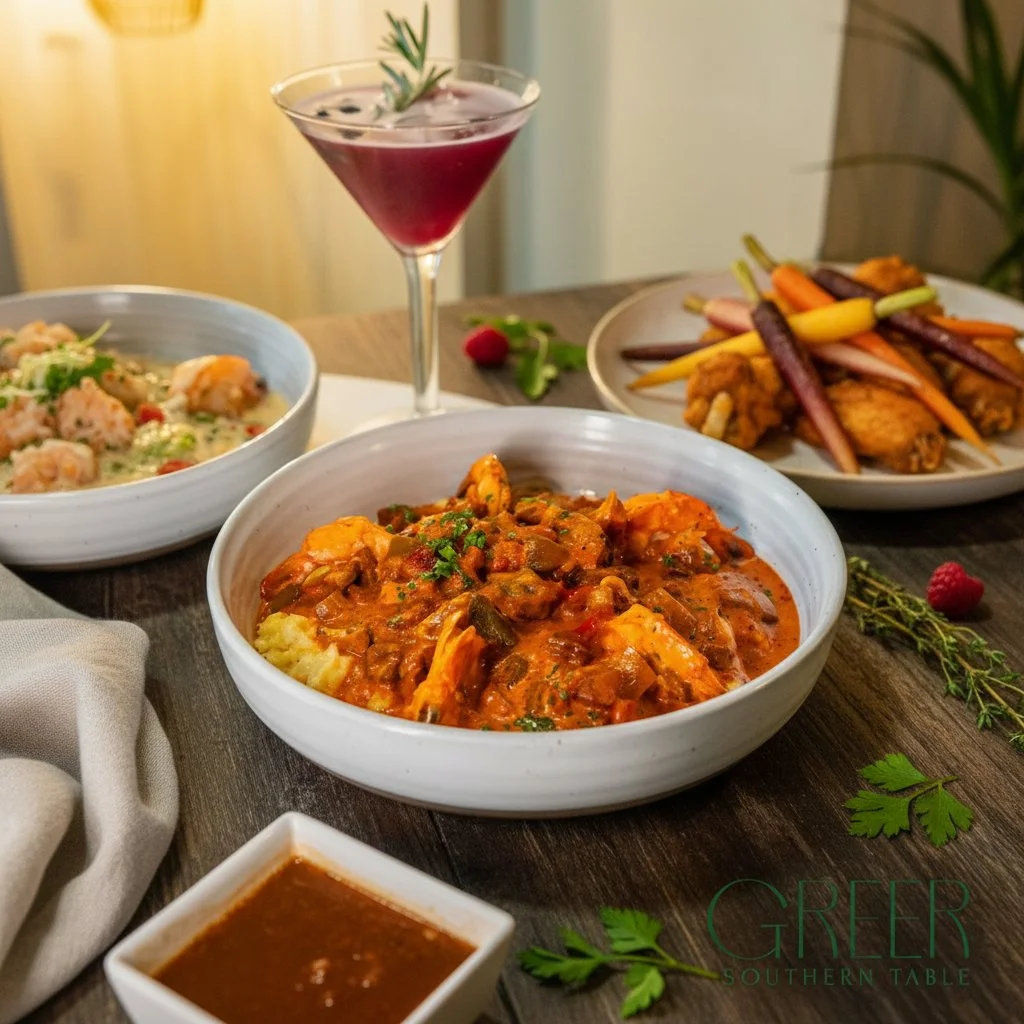 Southern shrimp and grits with a cocktail and fried chicken