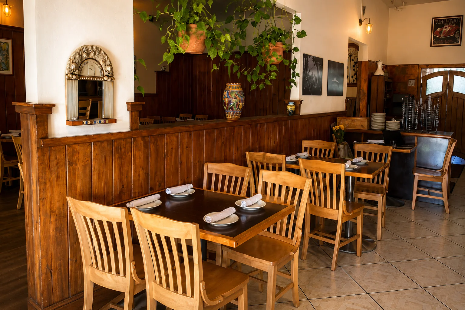 Cozy restaurant interior with wooden decor and plants
