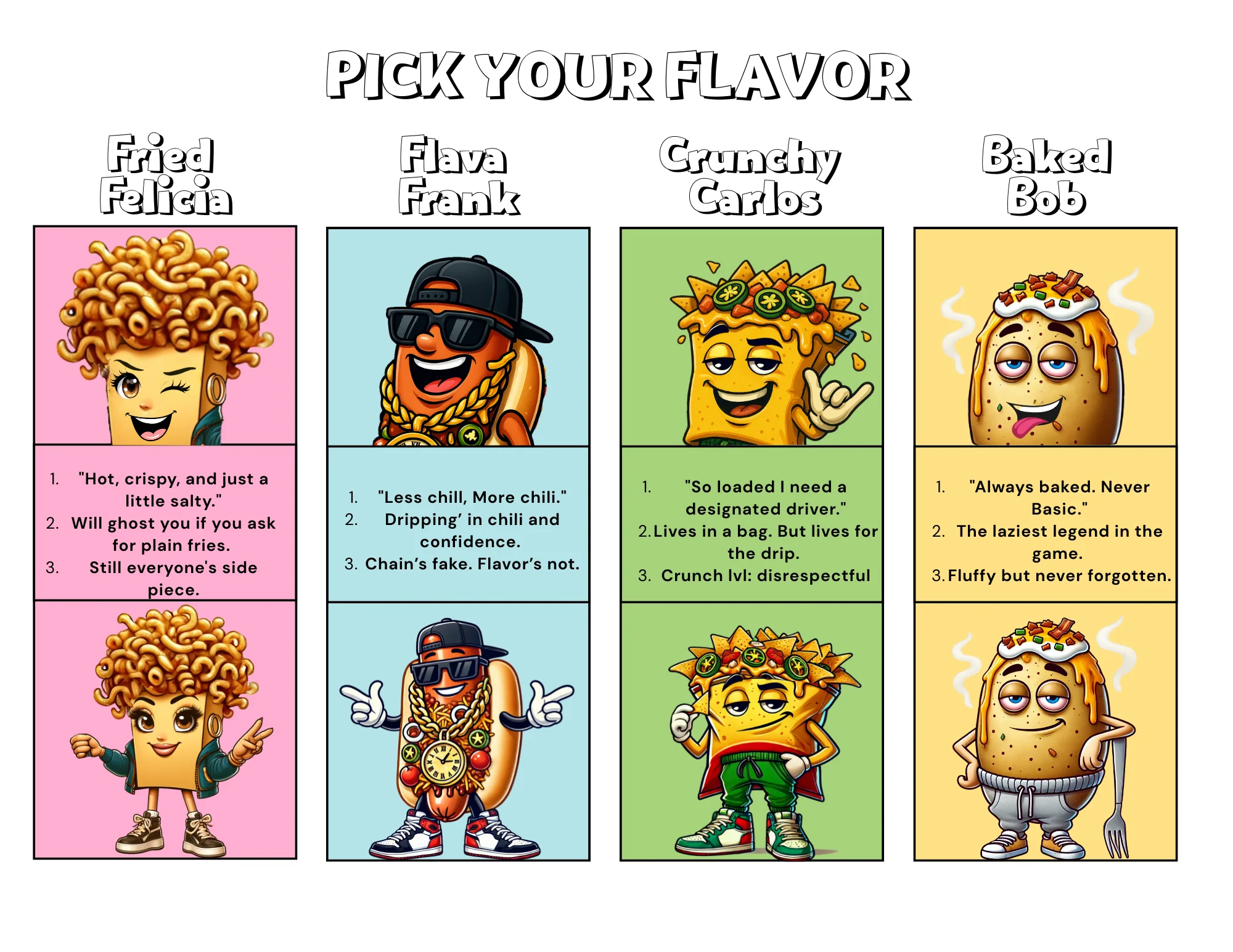 Cartoon characters representing different food flavors