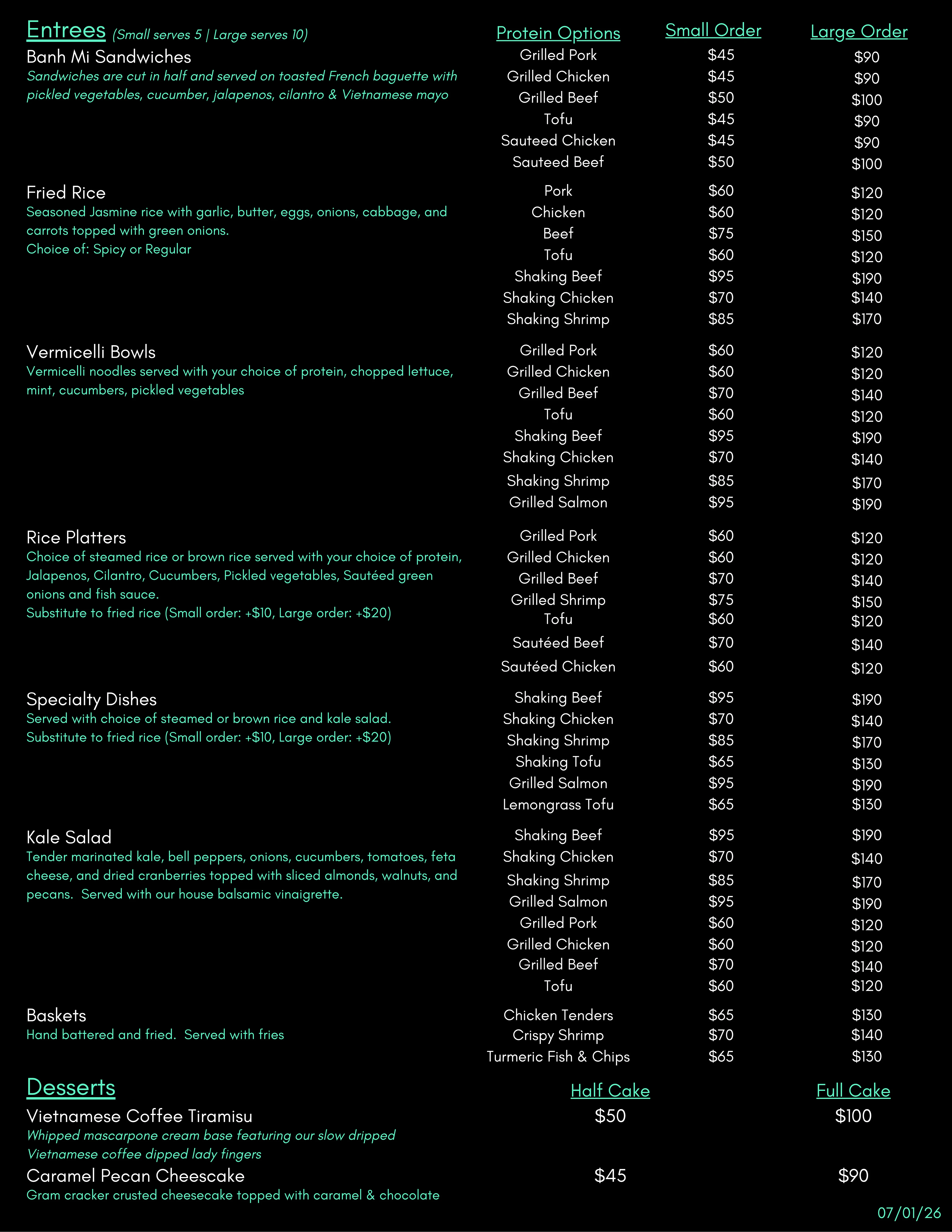 Menu featuring a variety of Vietnamese dishes and desserts
