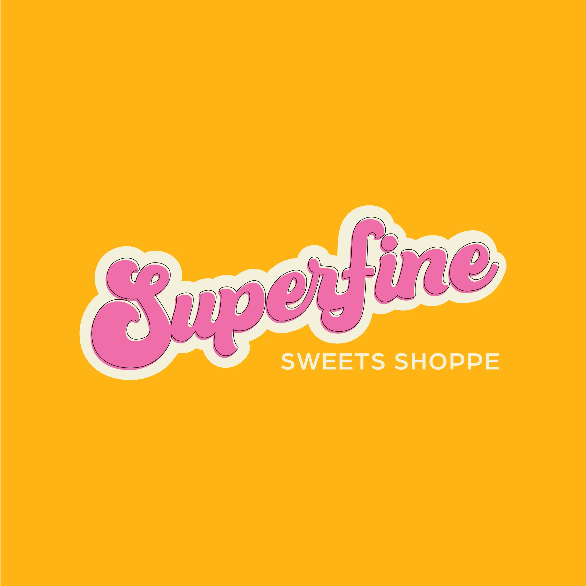 Logo of Superfine Sweets Shoppe on a vibrant yellow background