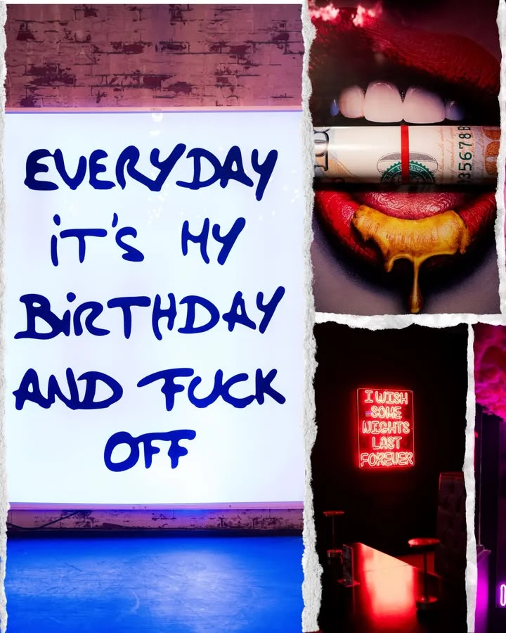 A collage featuring bold text and vibrant images, expressing themes of celebration and nightlife.