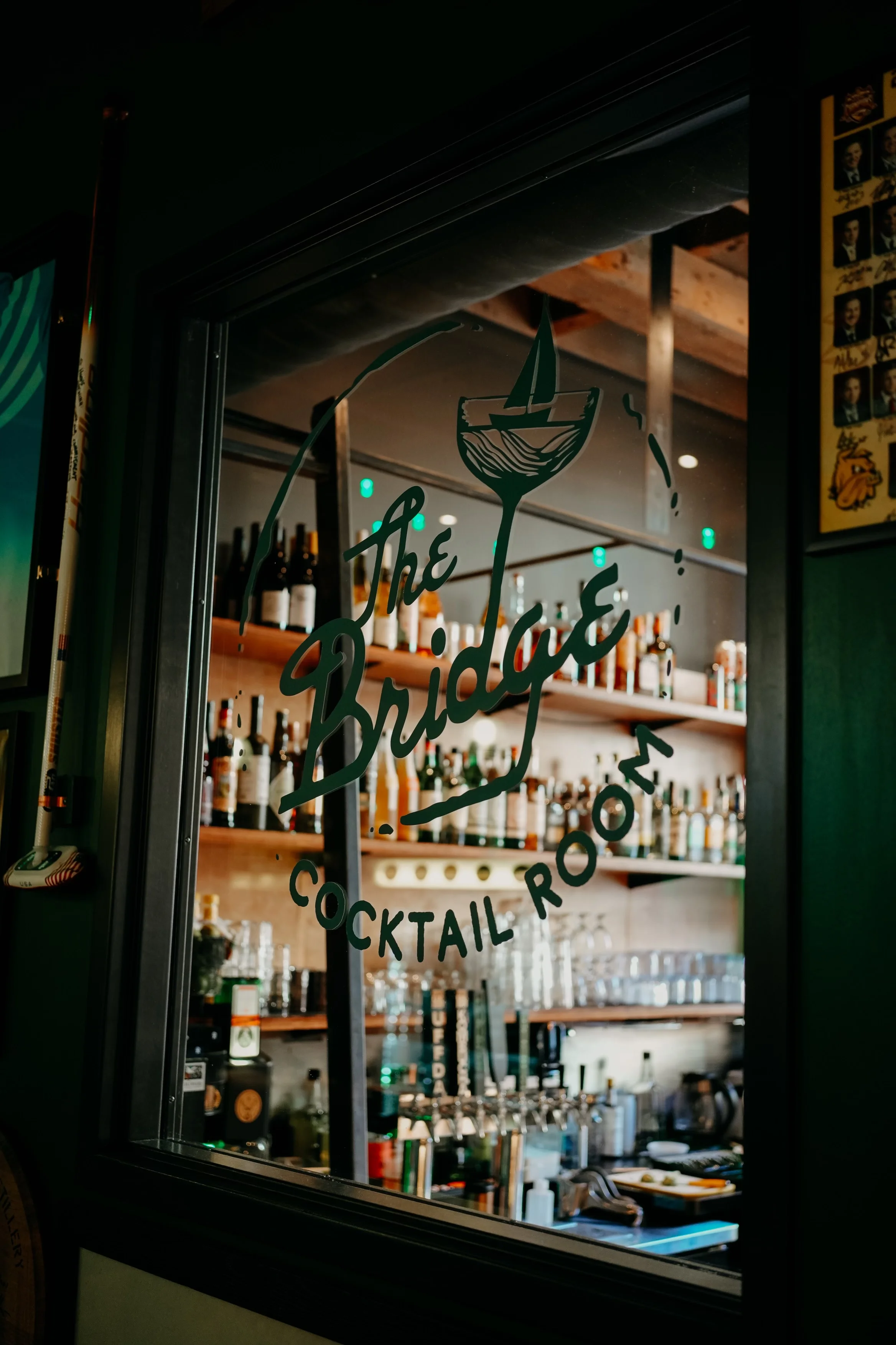Cocktail bar interior with shelves of spirits