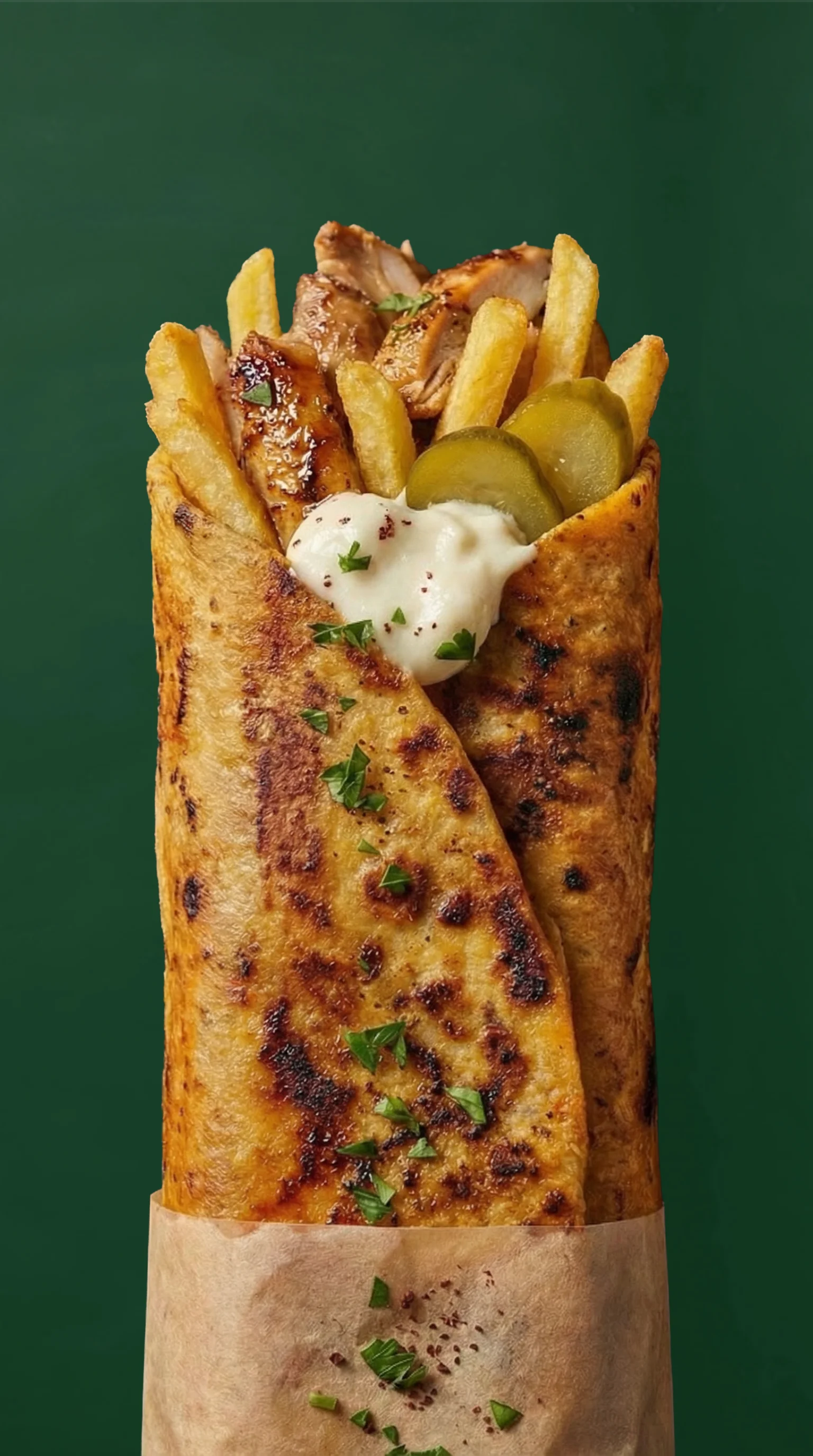 A wrap filled with grilled chicken, french fries, pickles, and topped with a creamy sauce. The wrap is grilled and garnished with herbs.