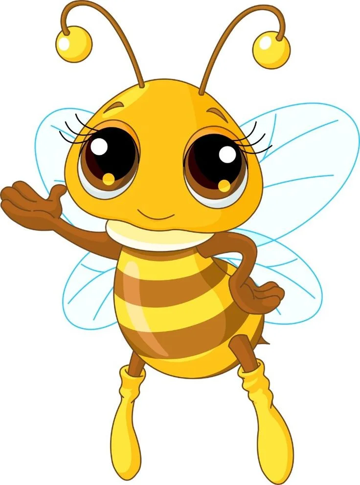 A cheerful cartoon bee with large eyes and a friendly wave. It has yellow and brown stripes, large wings, and is wearing yellow boots.