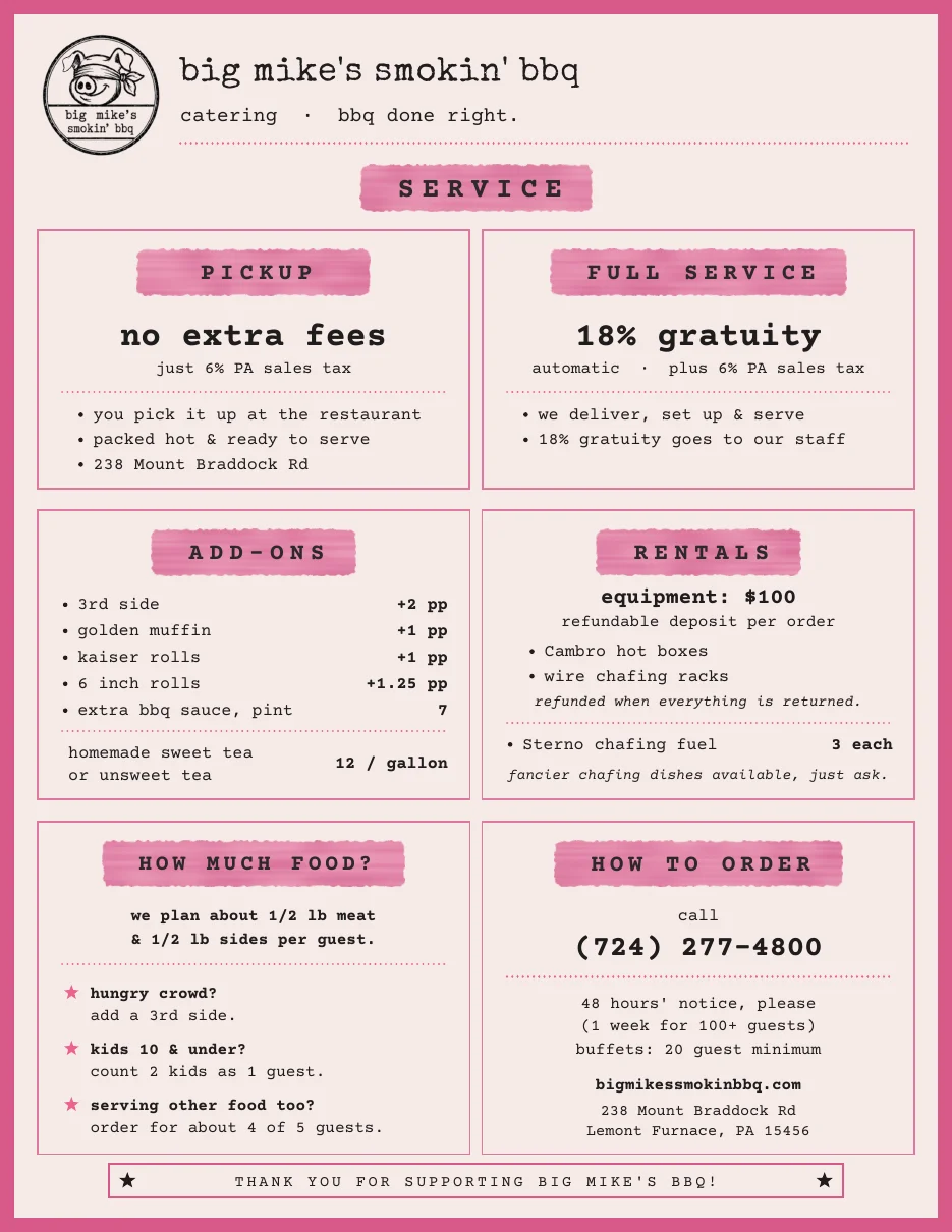 Big Mike's Smokin' BBQ catering guide, page 2: pickup or full service, add-ons, rentals, how to order