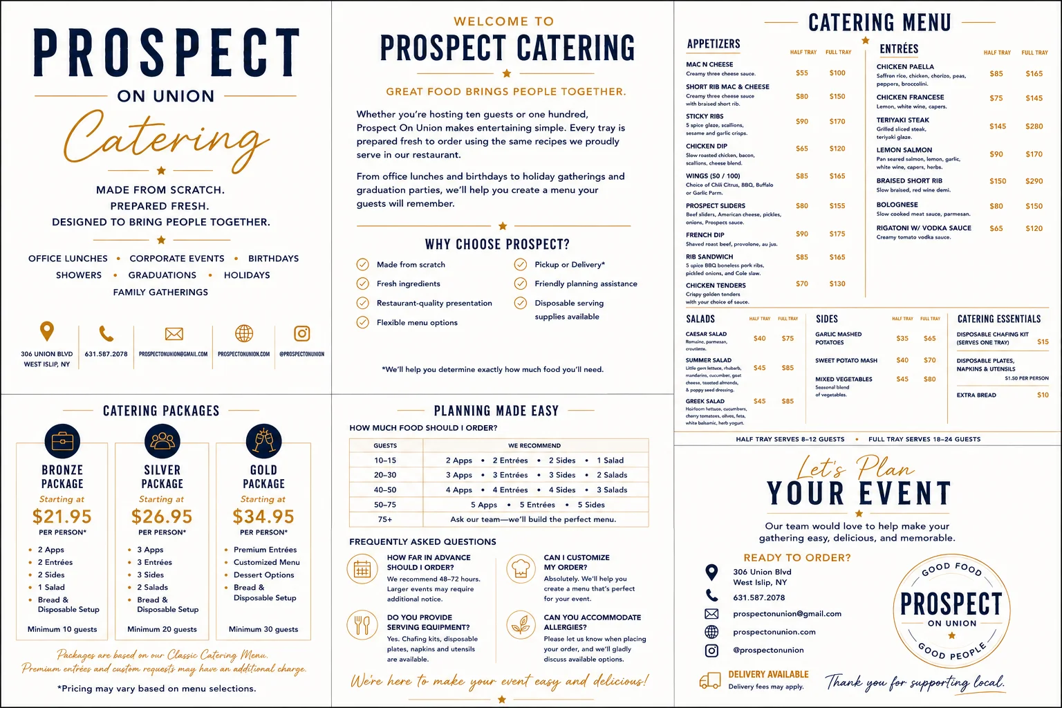 Catering menu for Prospect On Union featuring diverse dishes