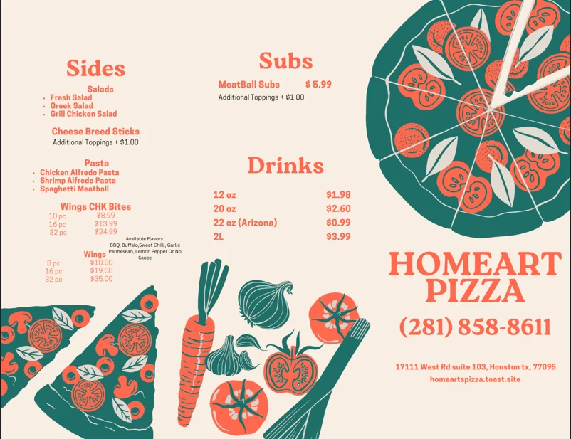 Menu for Homeart Pizza featuring subs, sides, and drinks