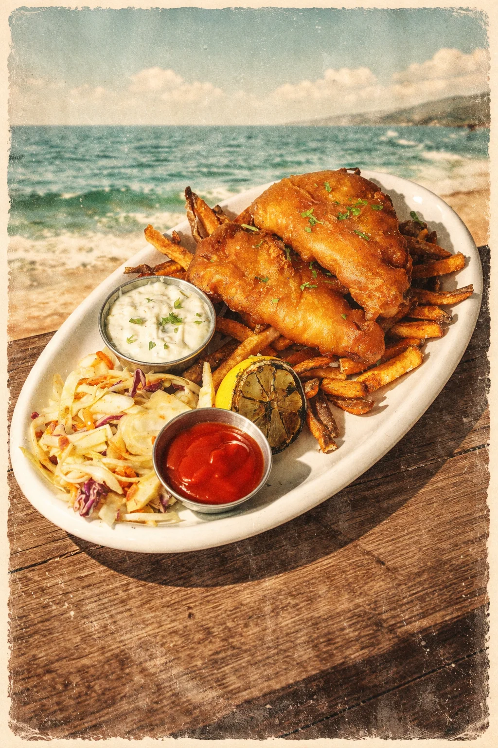 Classic fish and chips served with coleslaw and tartar sauce