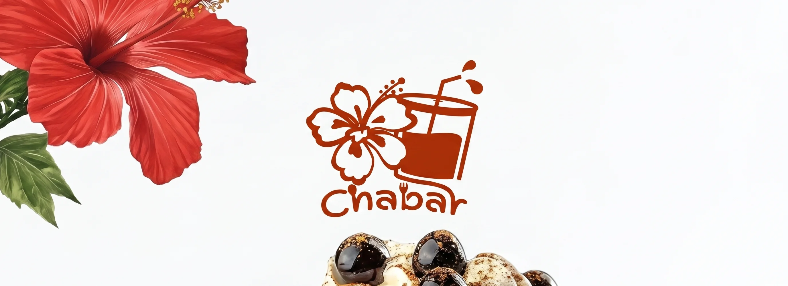 Delicious dessert topped with whipped cream and chocolate pearls, Chabar logo.