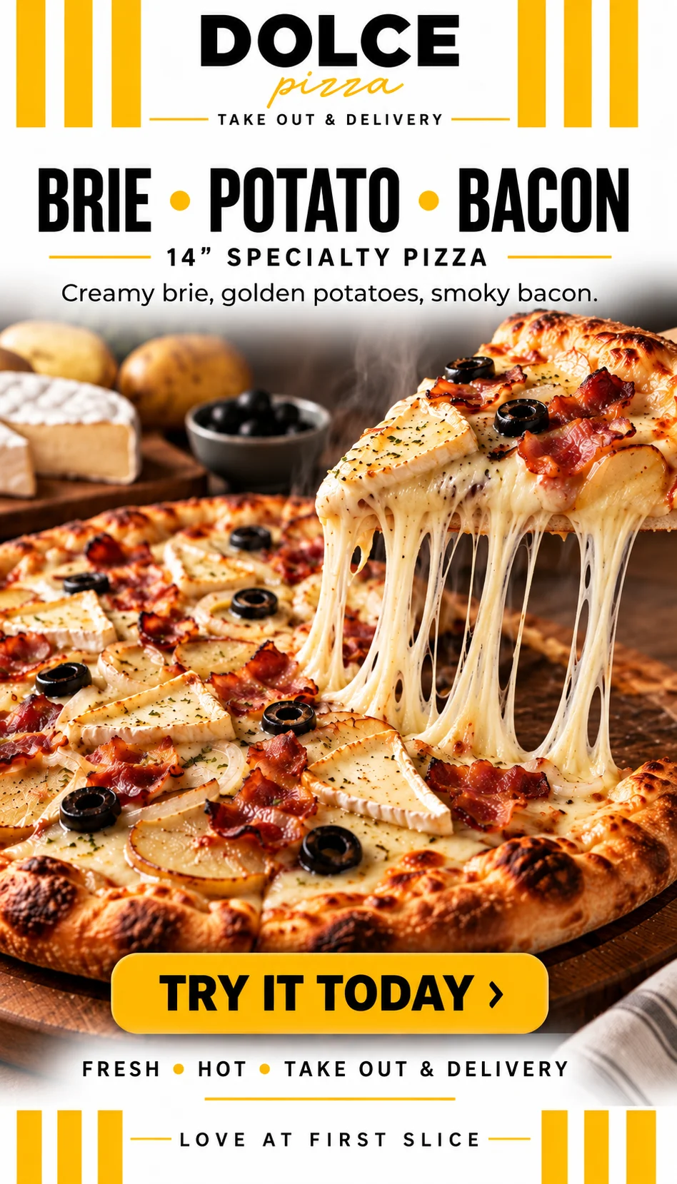 A specialty pizza topped with creamy brie, crispy bacon, and golden potatoes, presented with a melty cheese pull.