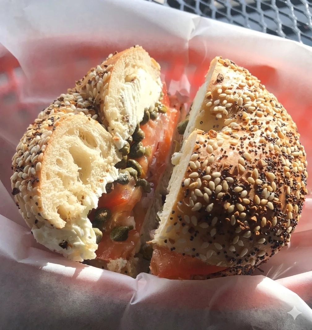 Colorful bagel with cream cheese, inspired by American flavors