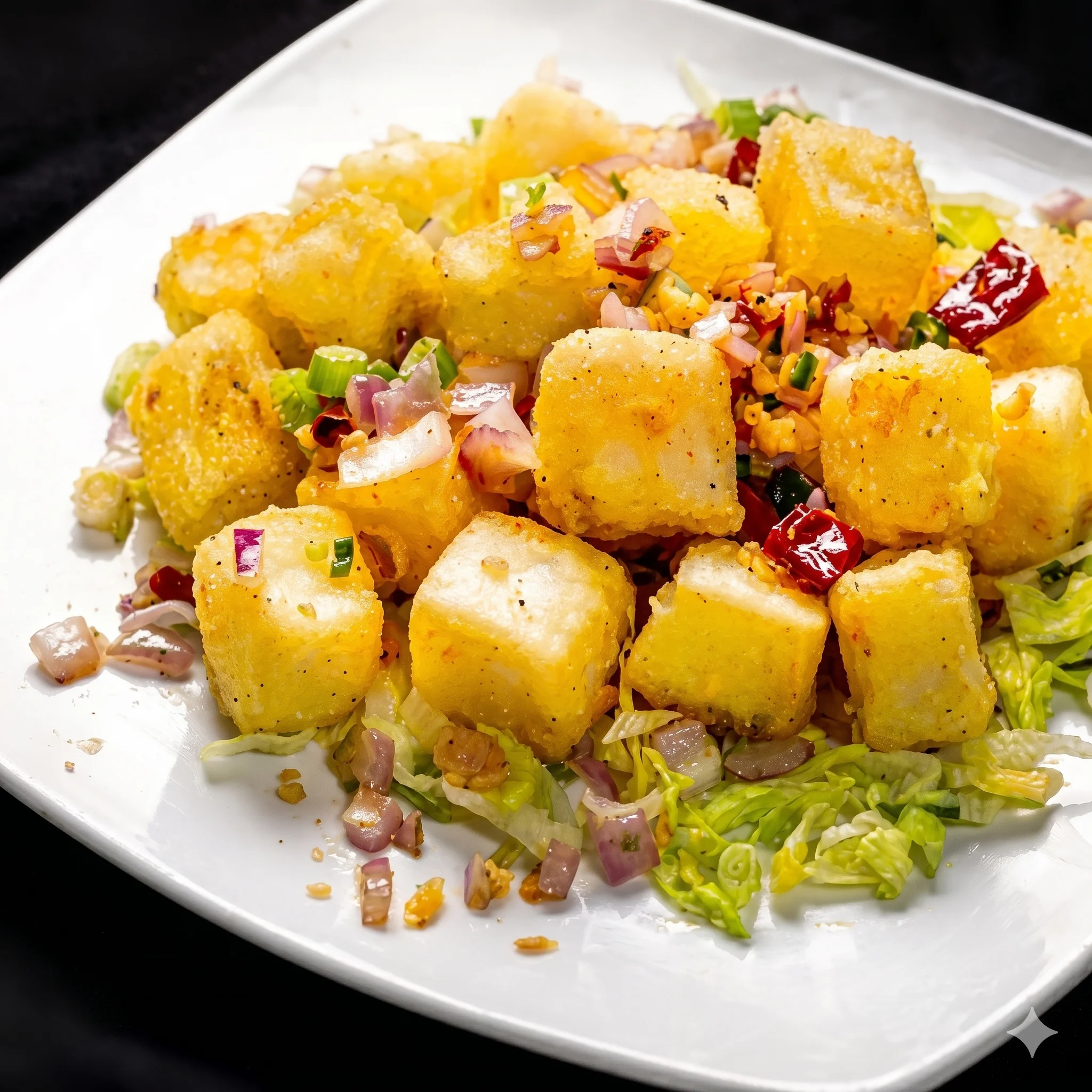 Crispy golden cubes of fried tofu with vegetables on a white plate.