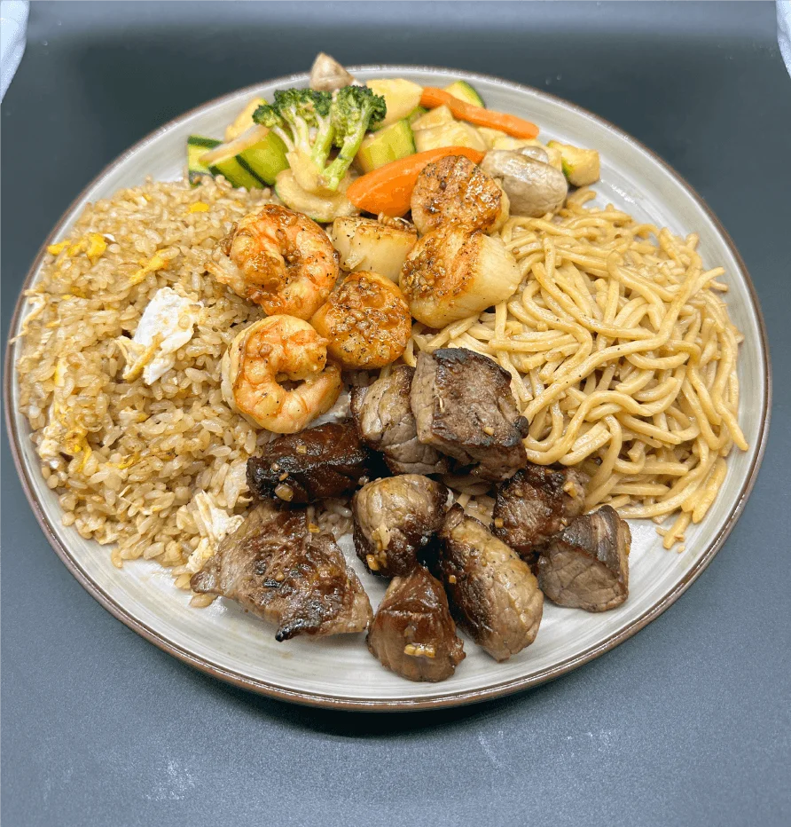 Hibachi dinner plate with steak, shrimp, scallops, fried rice, noodles and vegetables at Mahzu East Windsor