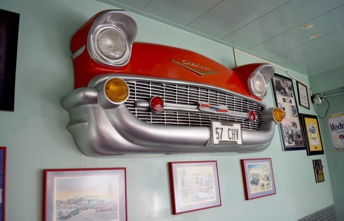 Vintage car front display in a retro diner