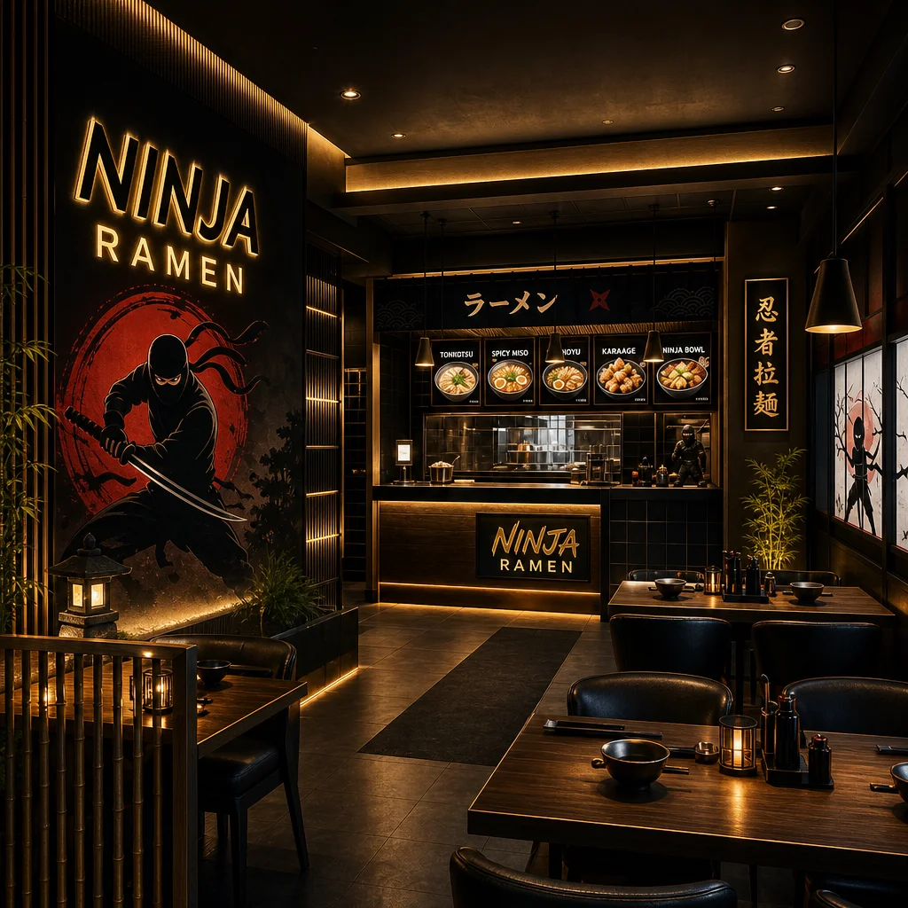 Stylish interior of a Japanese ramen restaurant with warm lighting