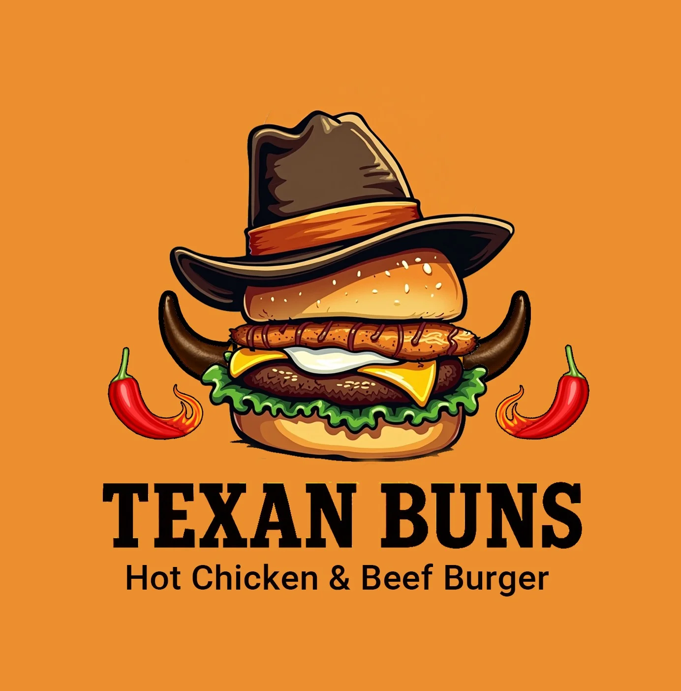 Cartoon-style Texan burger with hot chicken and beef, chili peppers, and cowboy hat