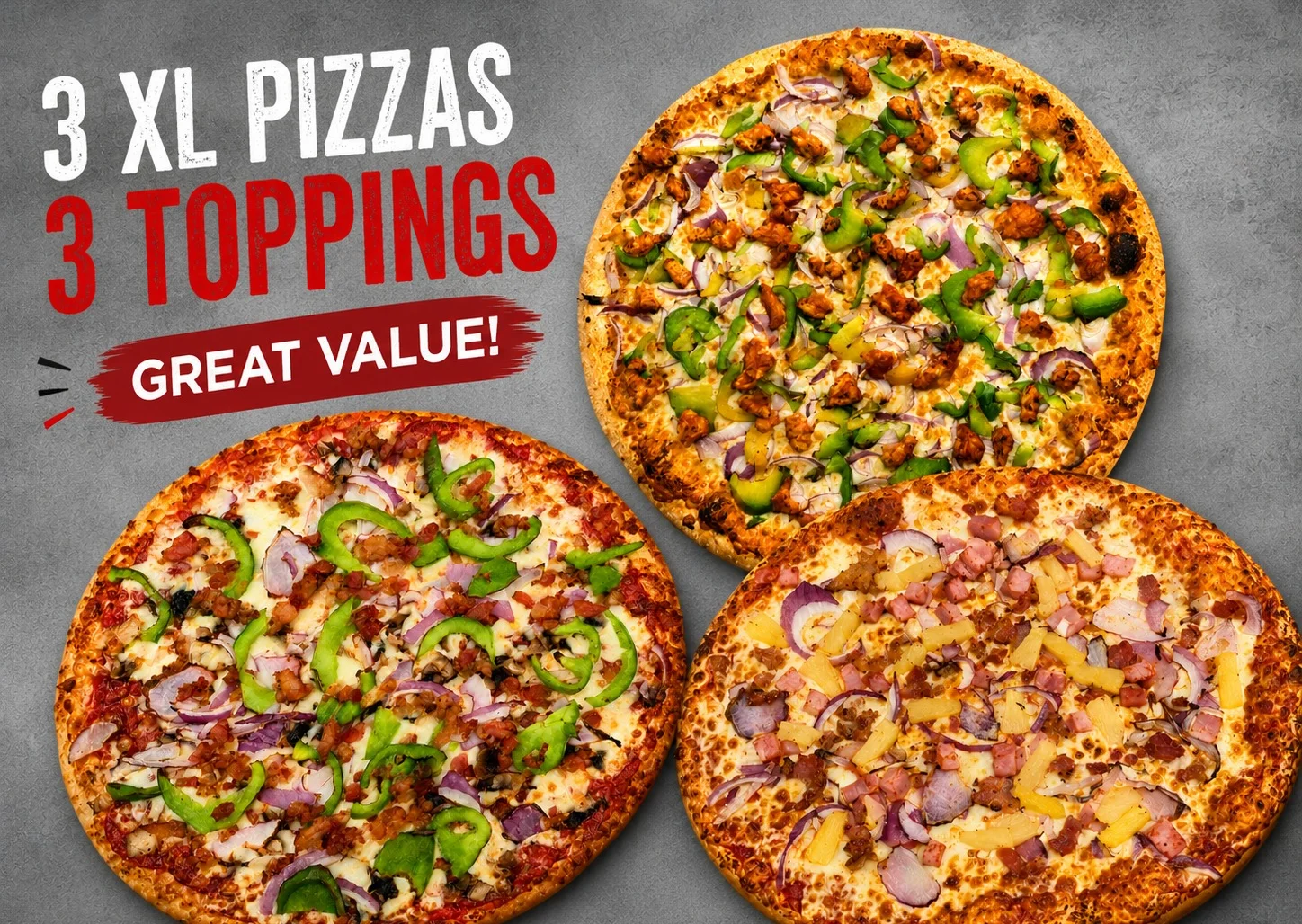 Three XL pizzas with assorted toppings on a textured background