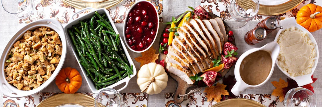 Traditional American Thanksgiving turkey dinner spread