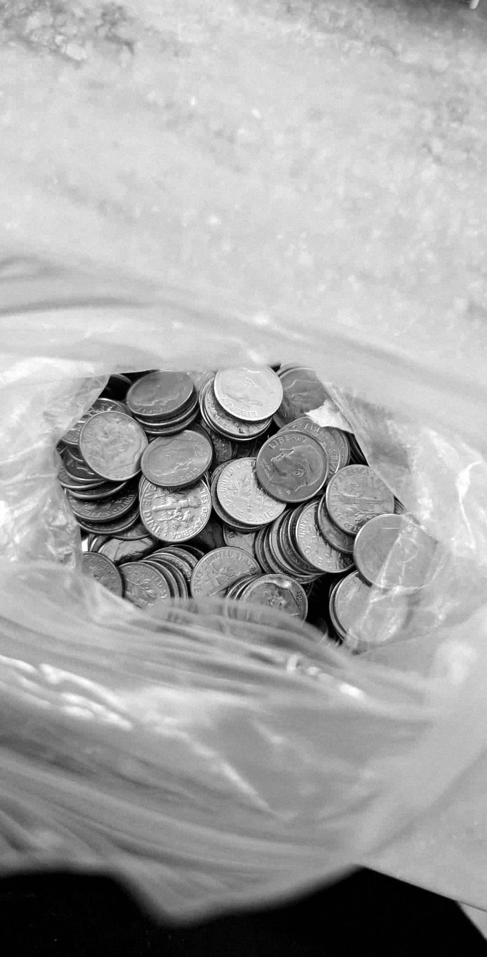 Loose coins piled inside a transparent plastic bag