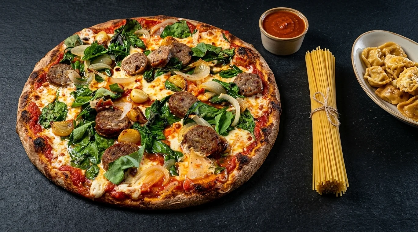 Italian sausage pizza with spinach and garlic