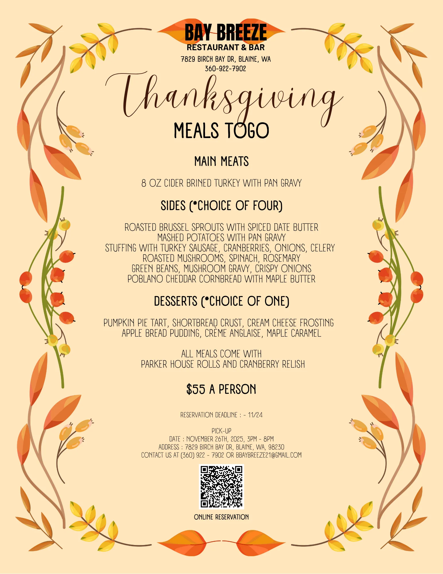 Thanksgiving meal to-go from Bay Breeze Restaurant