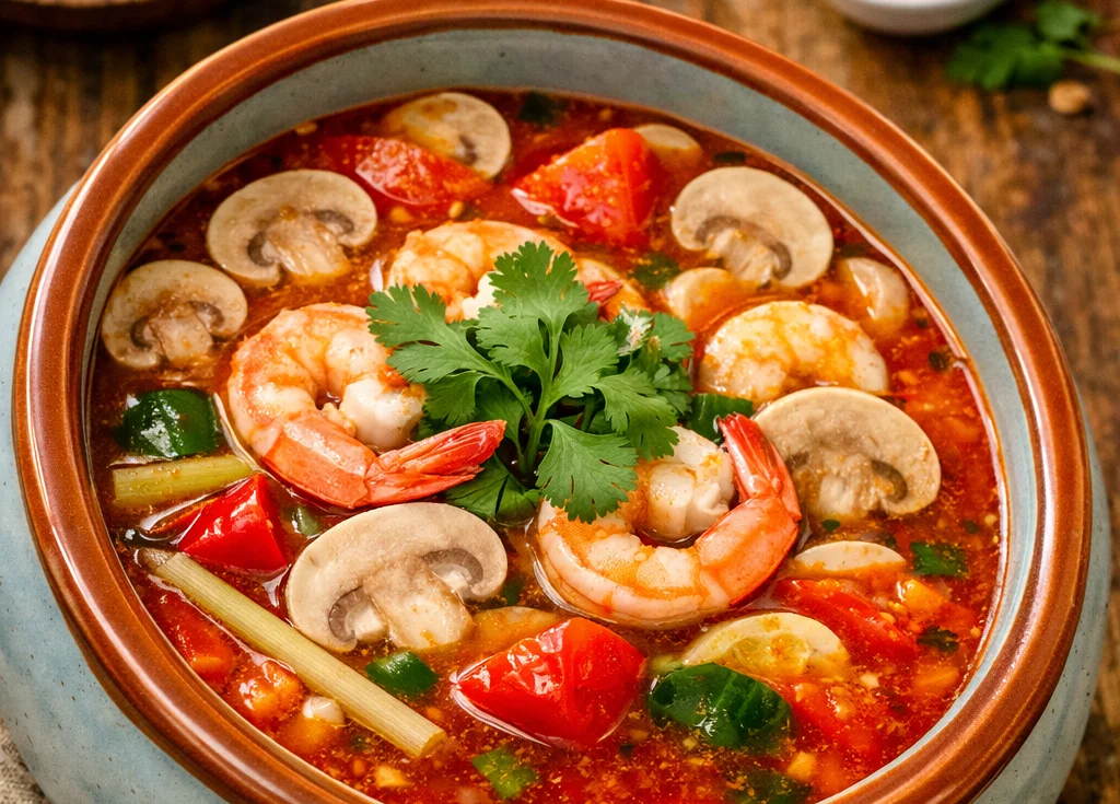 Spicy Thai tom yum soup with shrimp and herbs