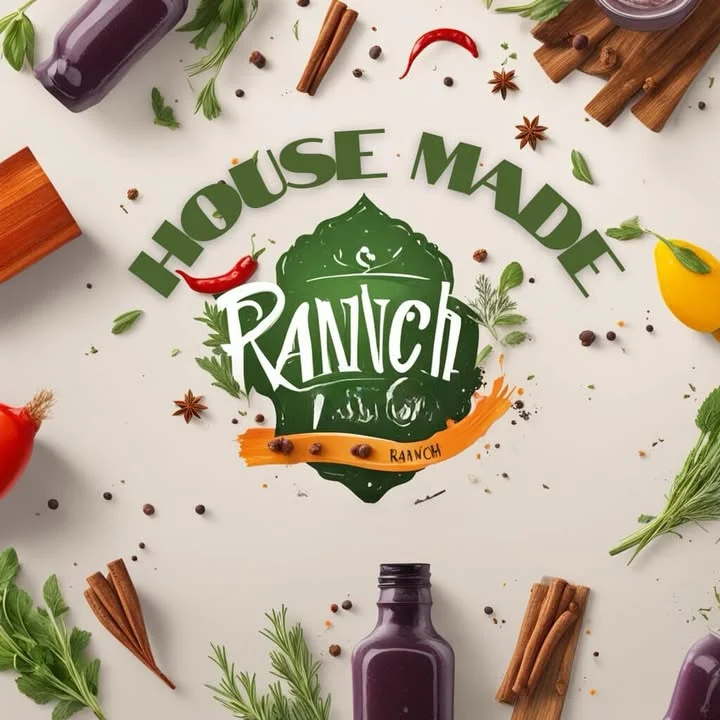A graphic featuring various herbs and spices surrounding the text 'House Made Ranch'. It illustrates fresh ingredients around a ranch dressing bottle.