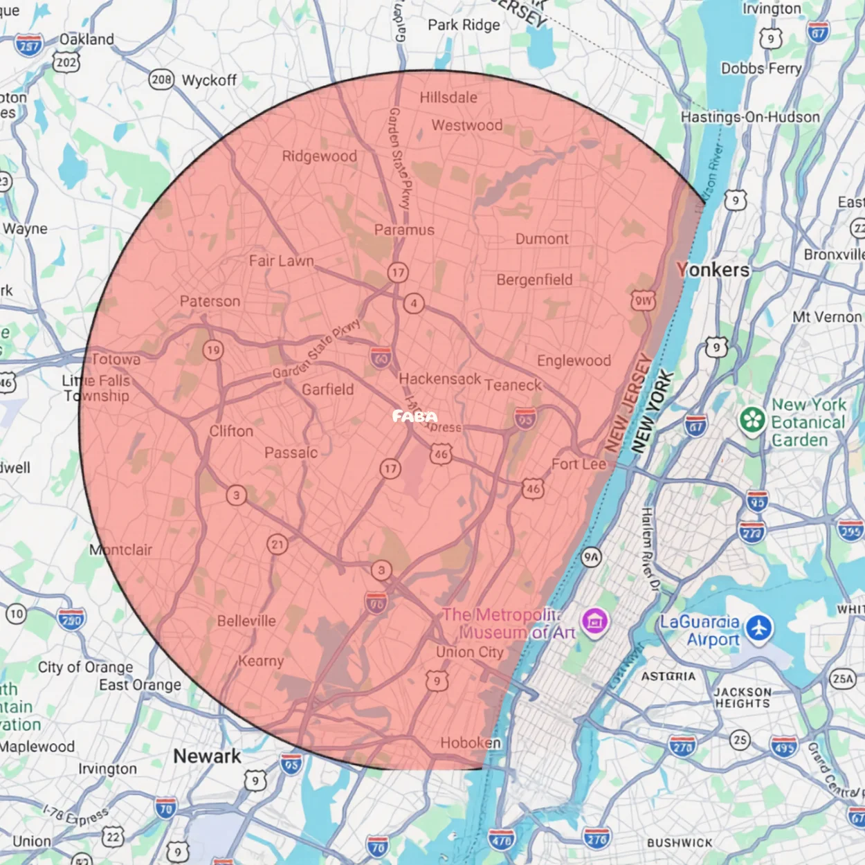 Map showing delivery radius for a restaurant in New Jersey