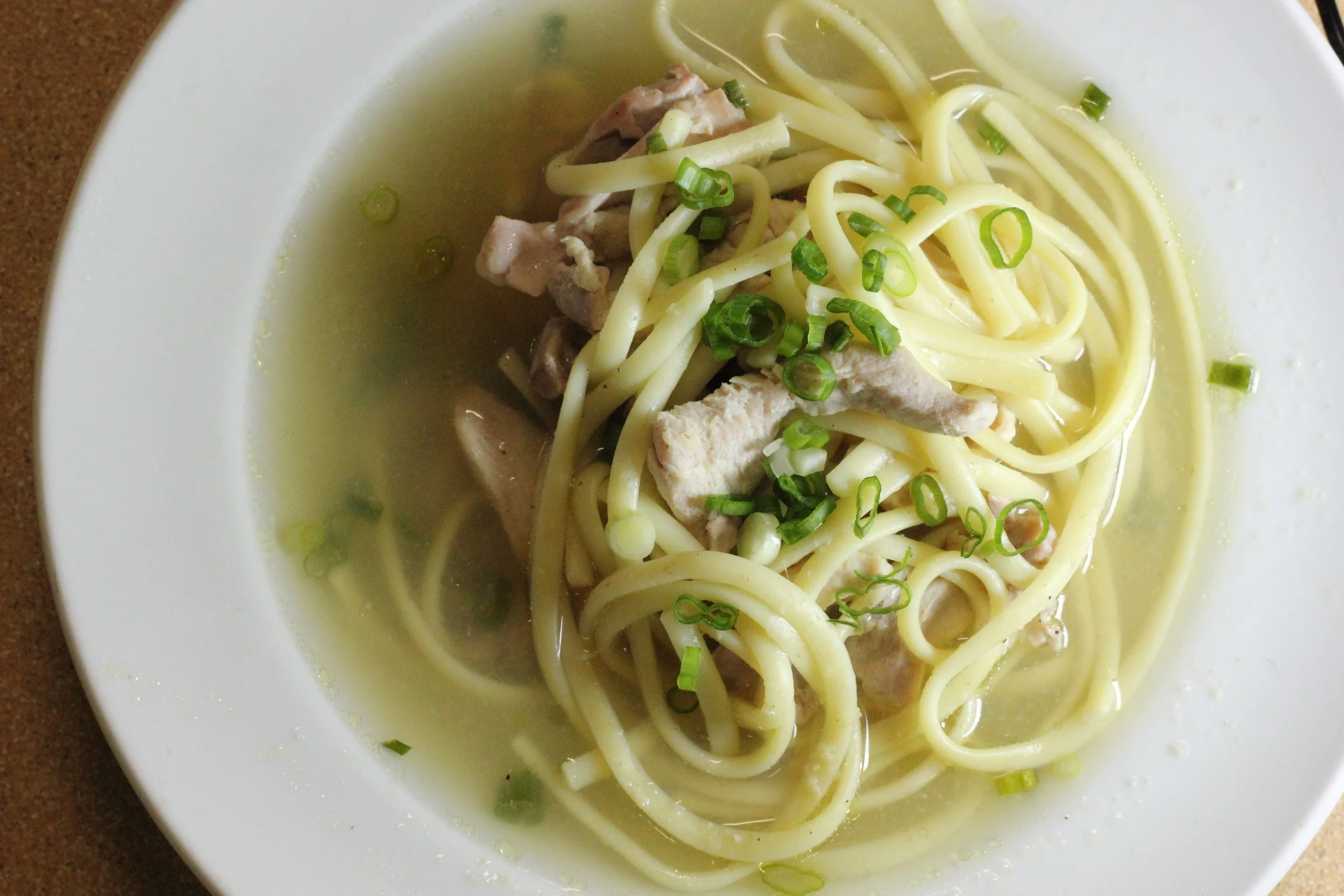 Bowl of Chinese noodle soup with pork and green onions