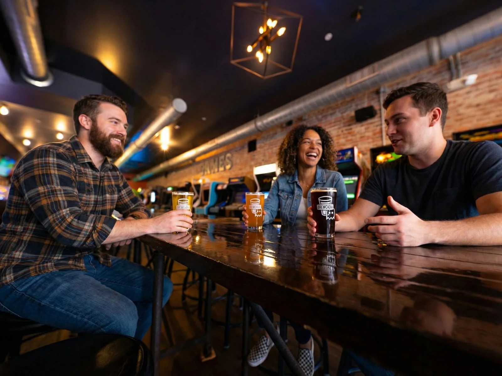 Friends enjoying drinks at a lively bar with arcade games