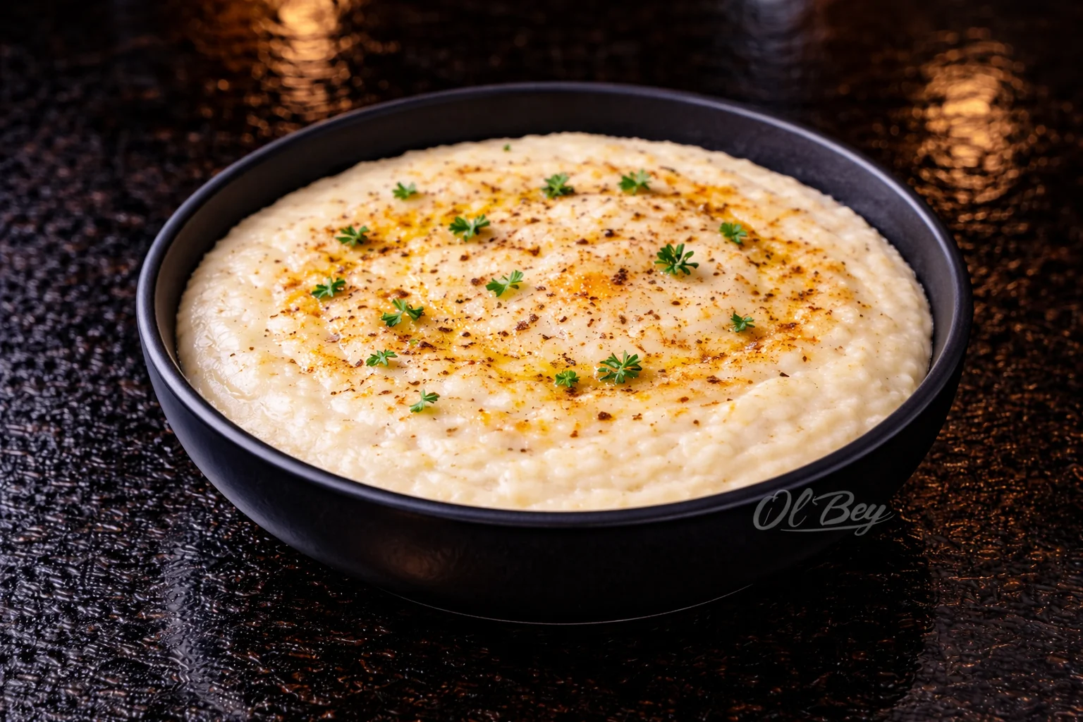 A bowl of creamy grits topped with a sprinkle of spices and herbs, creating a warm and inviting dish.