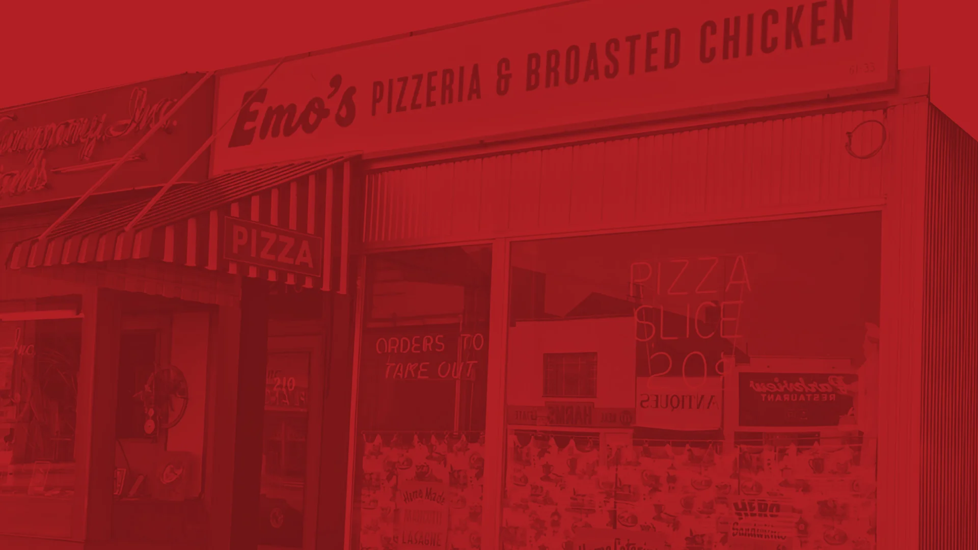 Emo's Pizzeria exterior with pizza signage