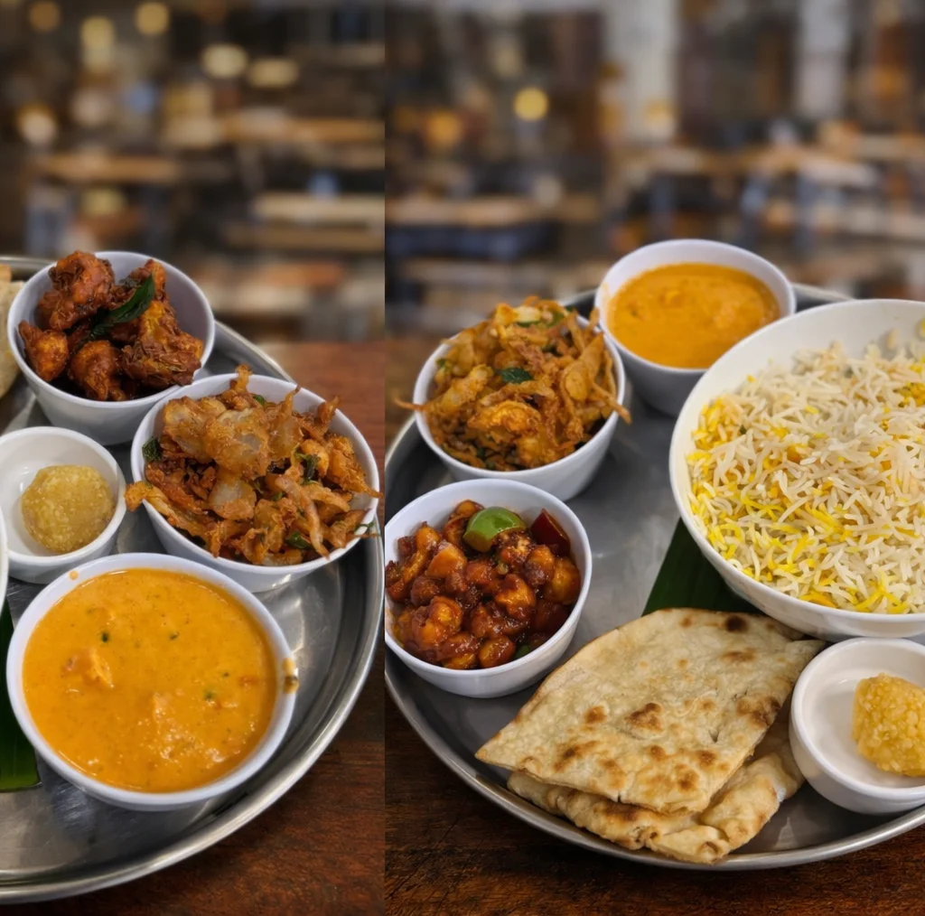 A beautifully arranged table with various dishes and drinks in a restaurant setting.