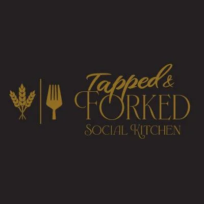 A logo featuring the text 'Tapped & Forked' with wheat and a fork design elements, set against a dark background.