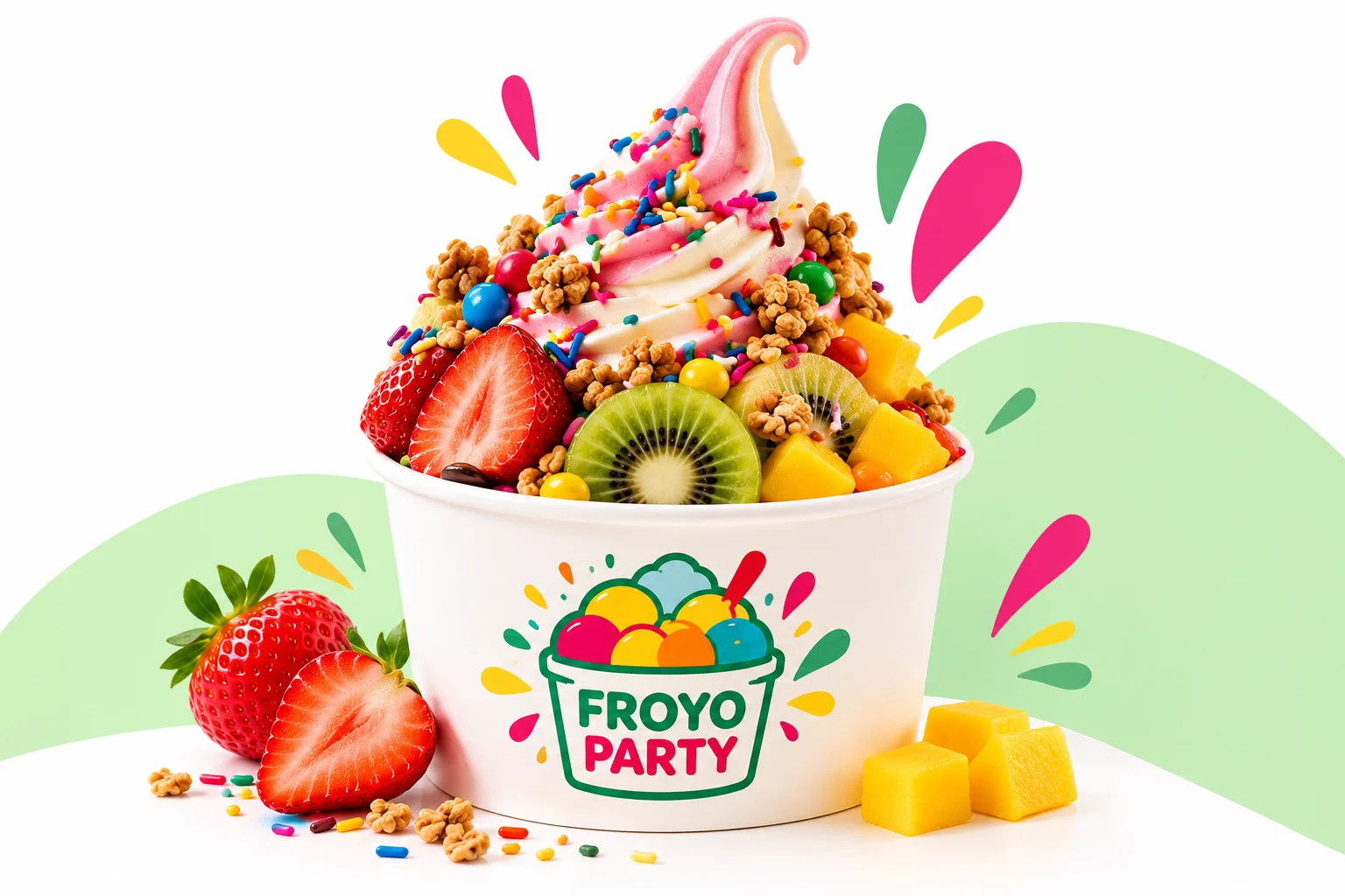 Colorful frozen yogurt bowl with fresh fruit, sprinkles, and crunchy toppings