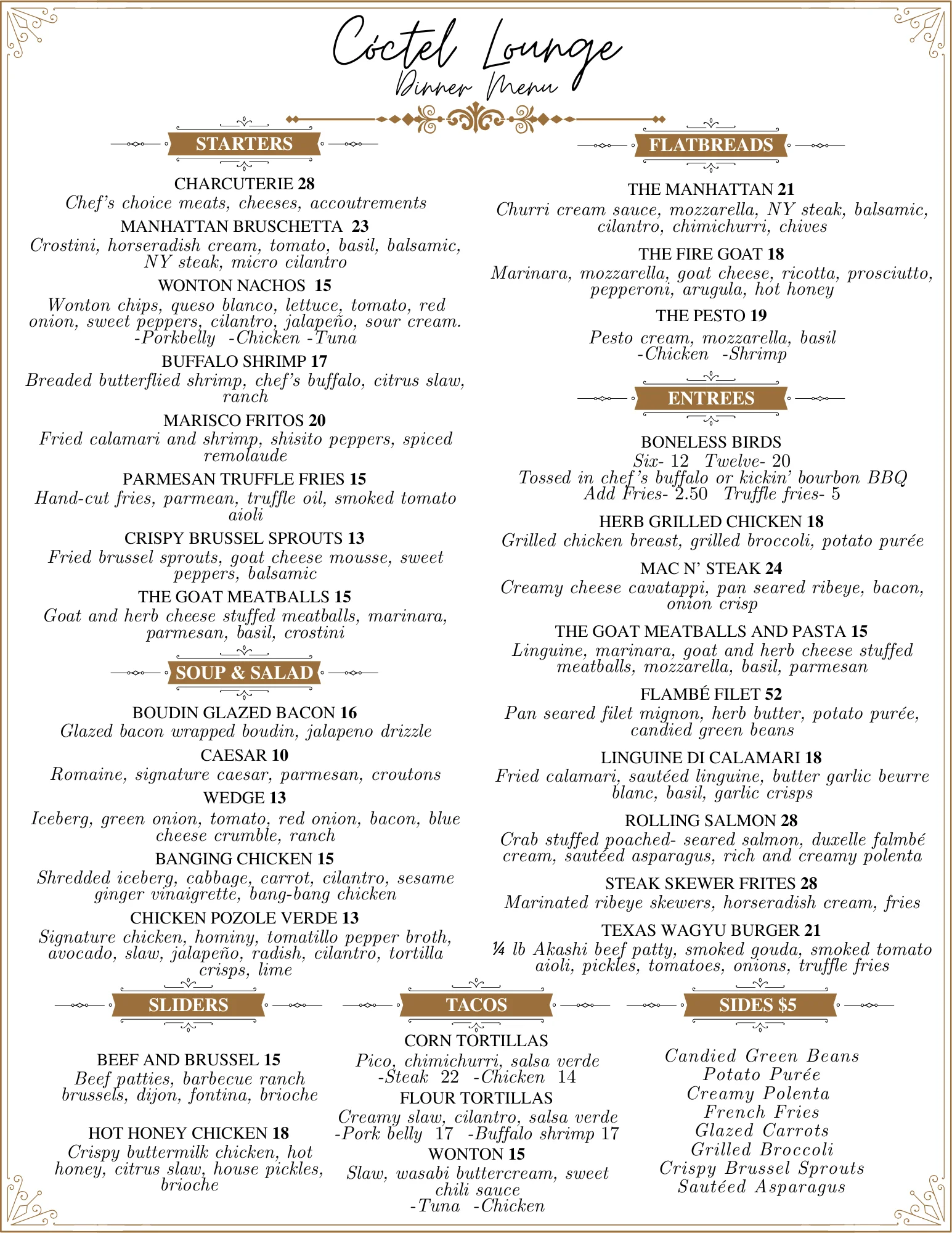 Diverse dinner menu featuring global cuisine options