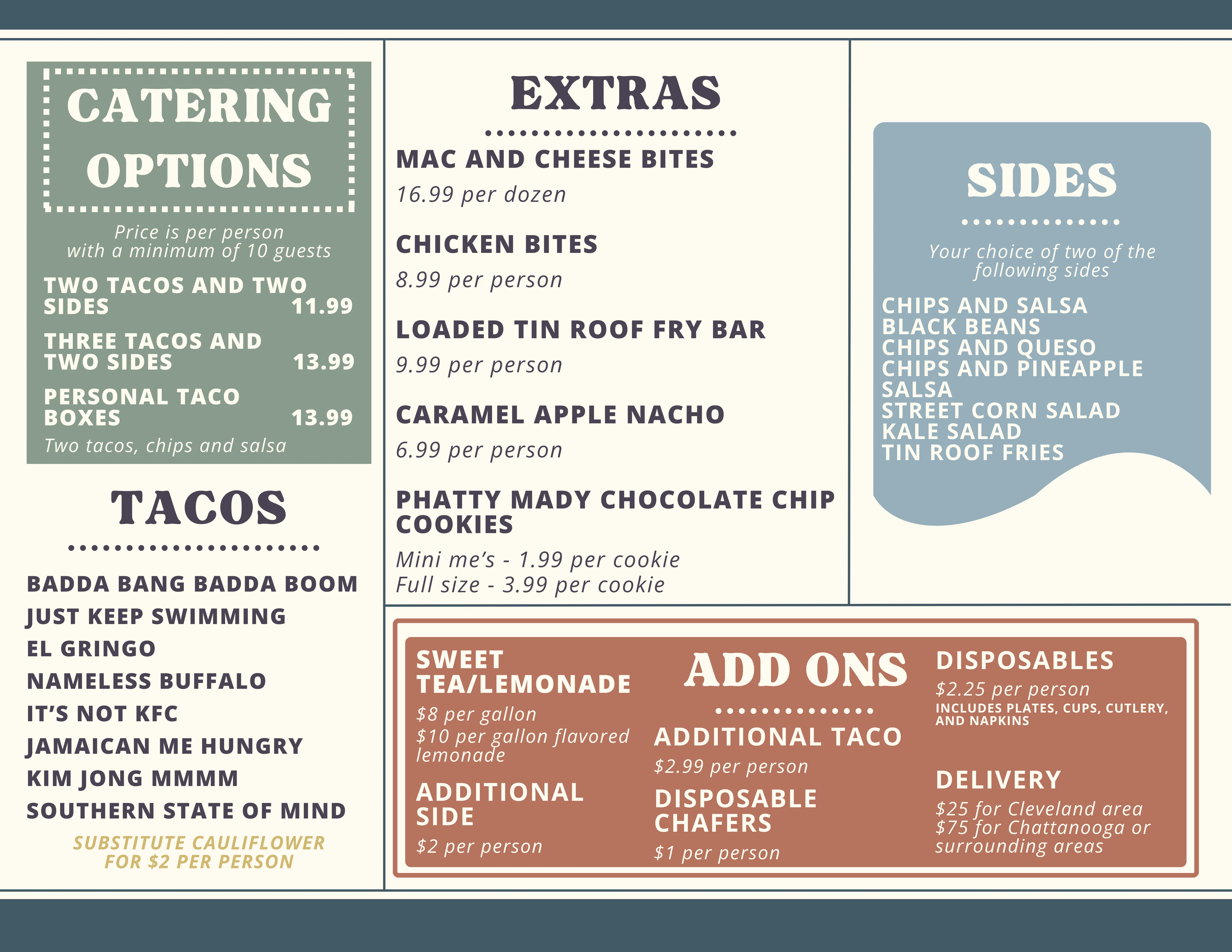 Catering menu featuring tacos and sides for a festive gathering